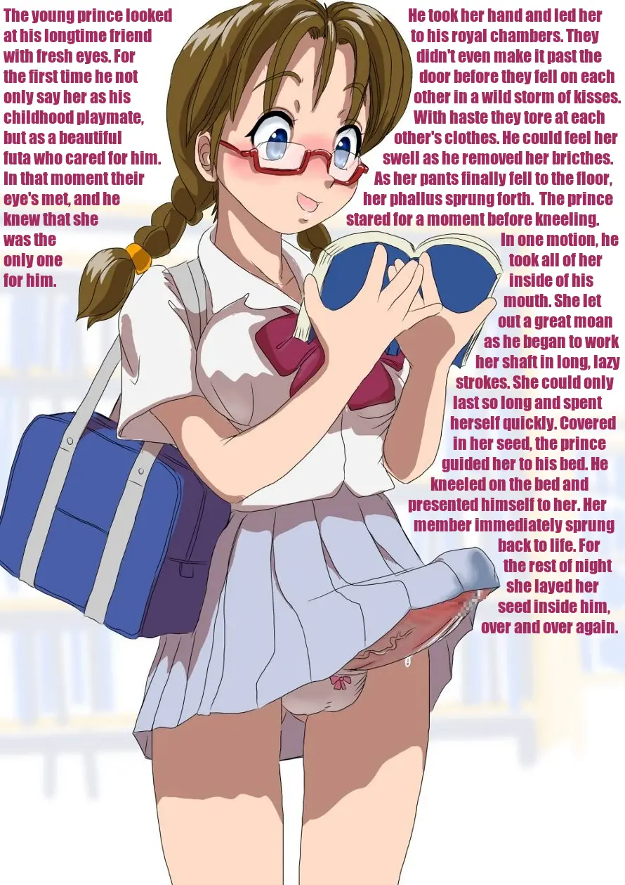 Futanari and femdom anime panels with busty women, a male slut, and explicit captions