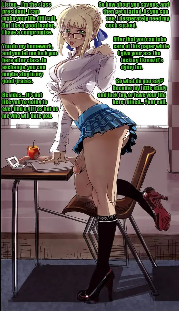 Futanari and femdom anime panels with busty women, a male slut, and explicit captions