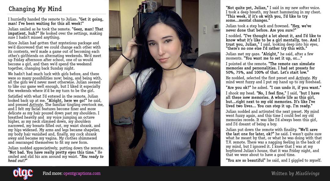 Gender swap and feminization story 'Changing My Mind' by MissGivings featuring a trans mtf body change.