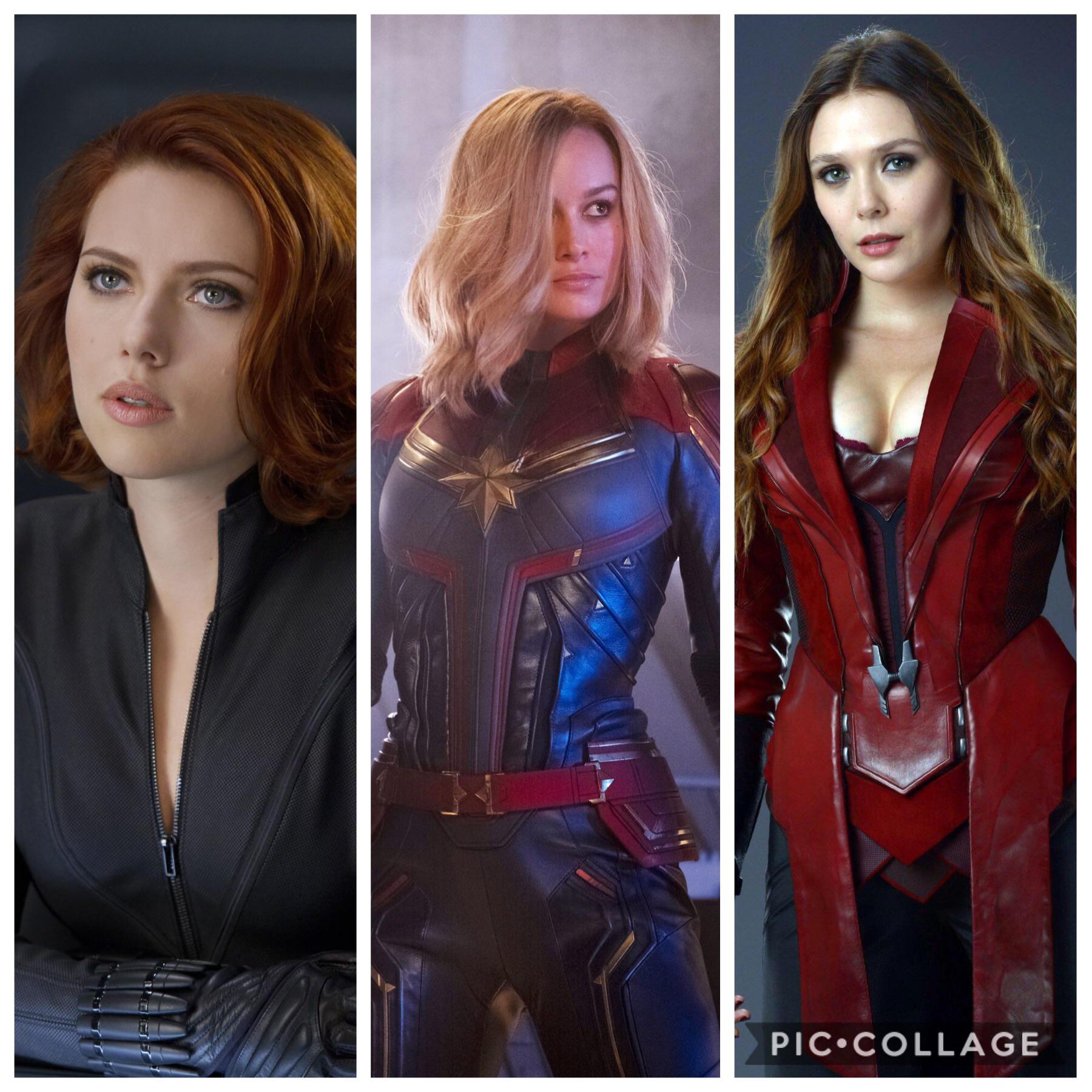 Avengers girls: Scarlett Johansson (Black Widow), Brie Larson (Captain Marvel), Elizabeth Olsen (Scarlet Witch)