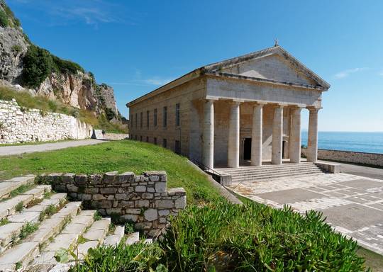 Church of St.George in old fortress of Corfu, Greece, built in 1840 resembling a little Parthenon.