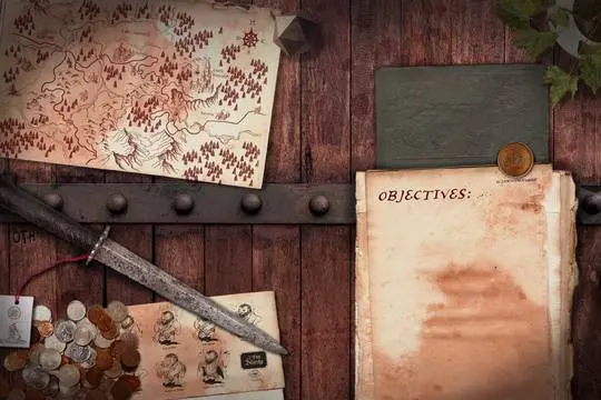 Curse of Strahd gaming props including a map of Lake Sarevouch, a dagger, coins, and parchment on a wooden surface