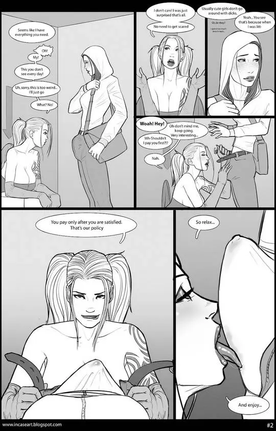 Futanari group sex in a pleasure booth with a busty blonde and a brunette in a white hooded dress