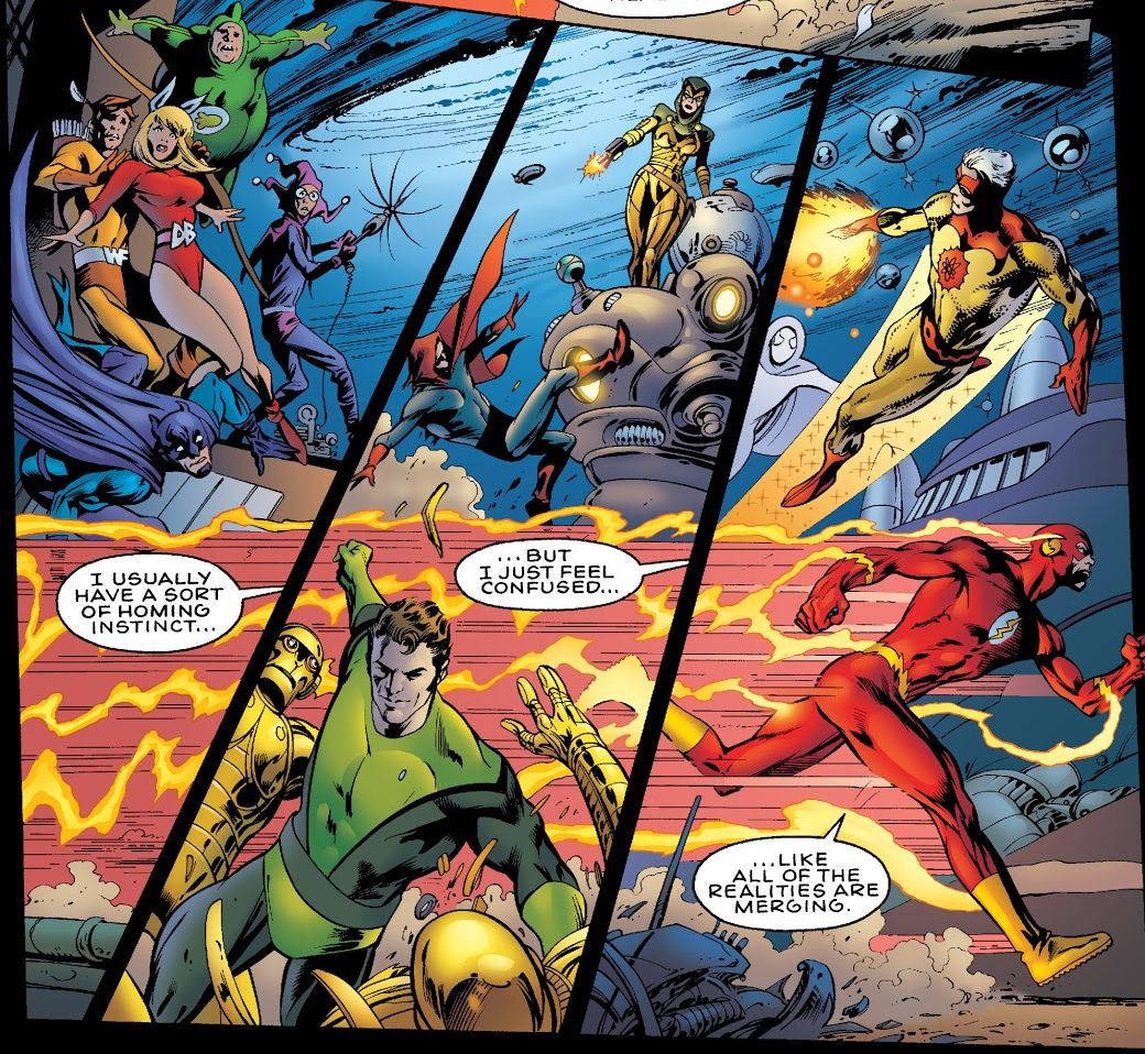 [Comic Excerpt] When the Flash is running through realities, I'm curious who are the heroes he passes? The ones on the far left are the Inferior Five, but couldn't find the others on the wiki [Justice League: Another Nail #3]