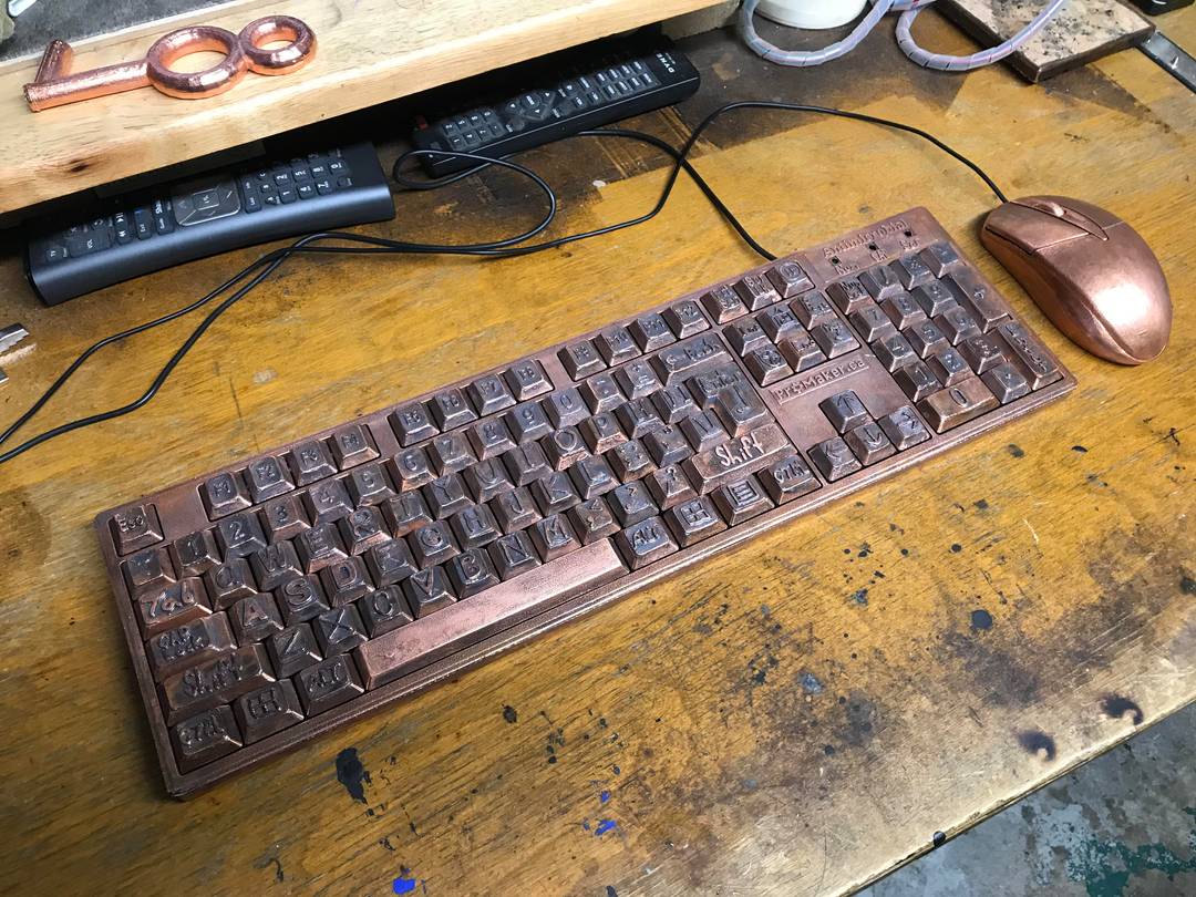 Copper Keyboard and Mouse -/- this is a copper metal keyboard (non-mech). Each key has been custom typefaced and coated in pure copper. Now ideally I’d like to afford a Mech’ so I can make another one.