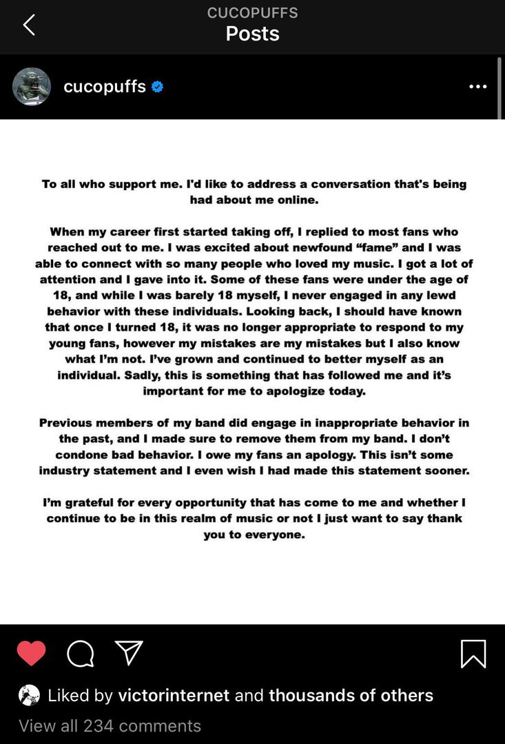 Cuco’s apology about the allegations , seems genuine to me