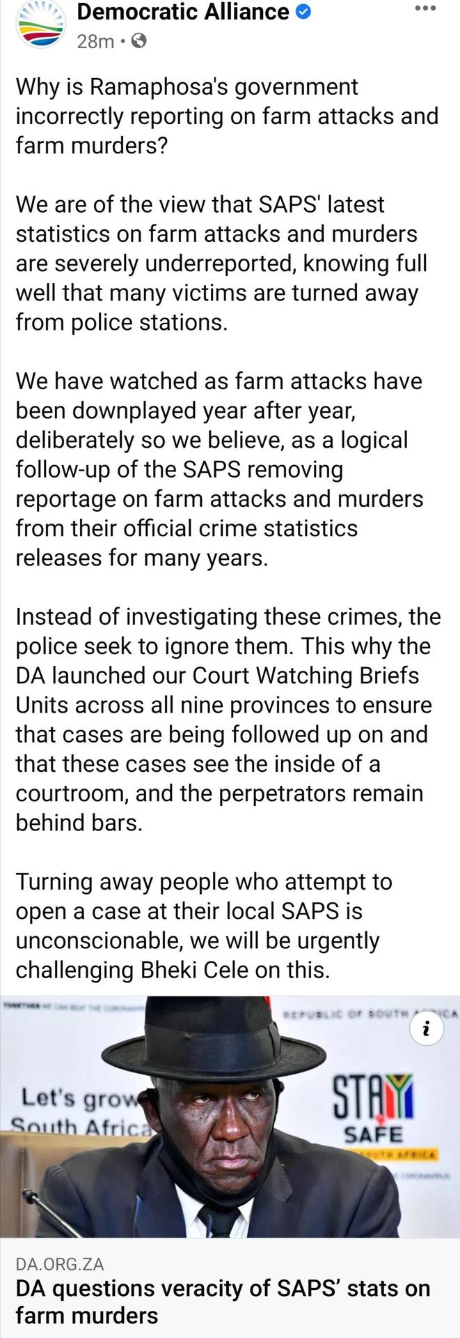 DA finally calls out the SAPS over their bullshit statistics. The lefties always go "fArM mUrDeRs ArE sO fEW, lOoK aT tHe StAtS"; here's your answer.