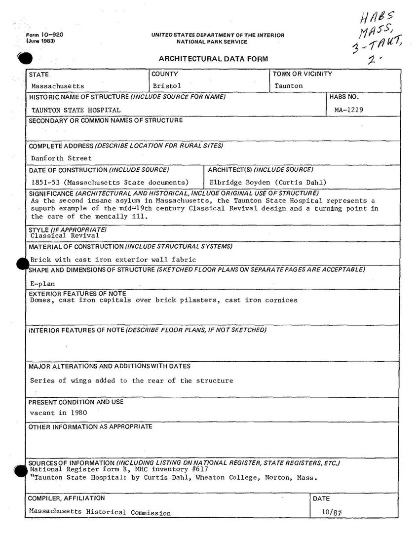 Descriptive Data Form filed in 1987s about Taunton State Hospital issued by Massachusetts Historical Commission