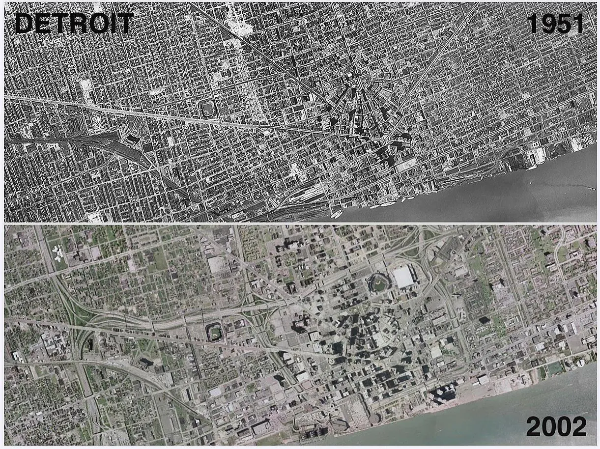 Detroit before and after the construction of freeways and “urban ...