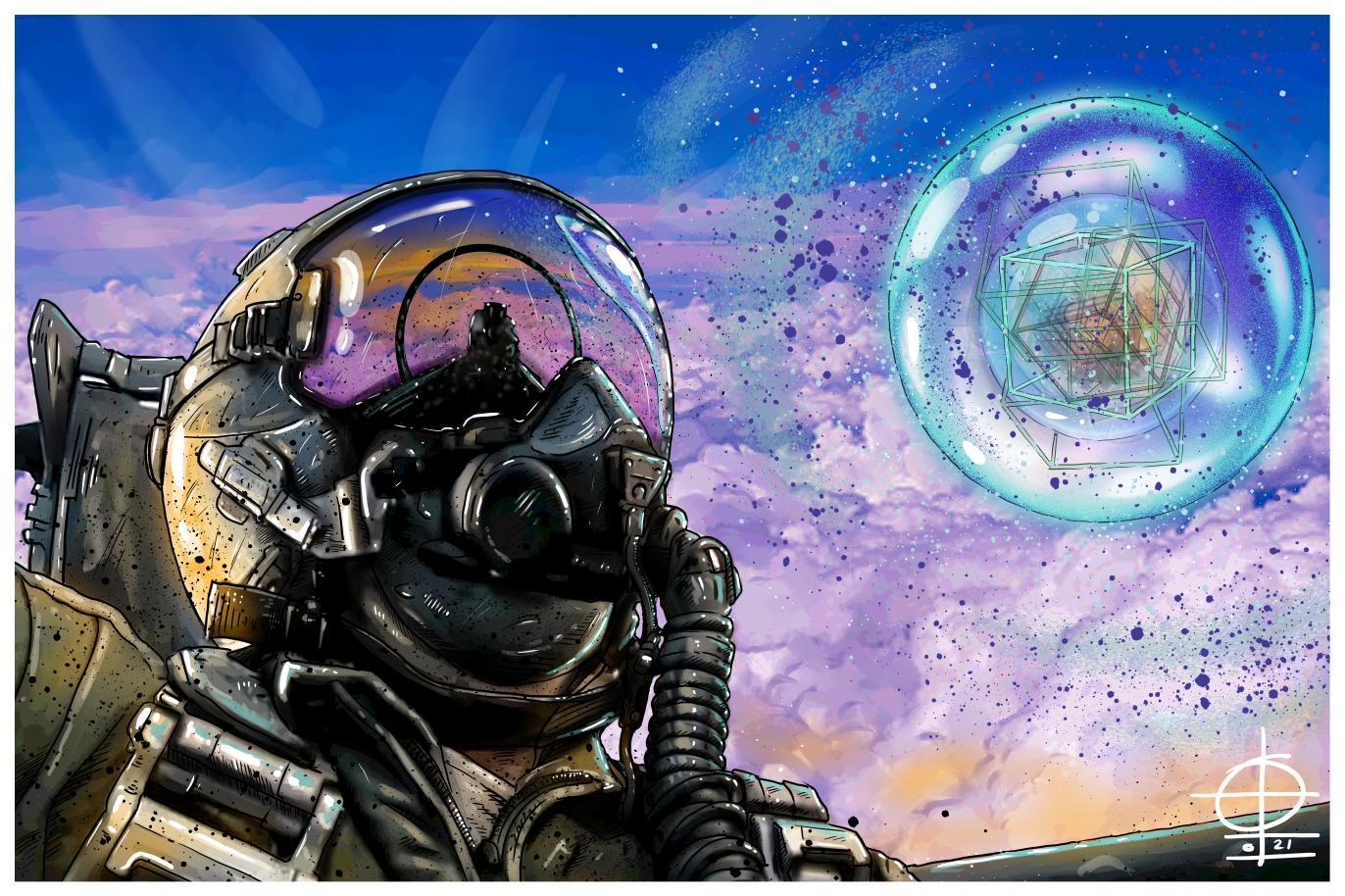 Digital illustration of Pilot encountering a Cube withing a Sphere UFO ...
