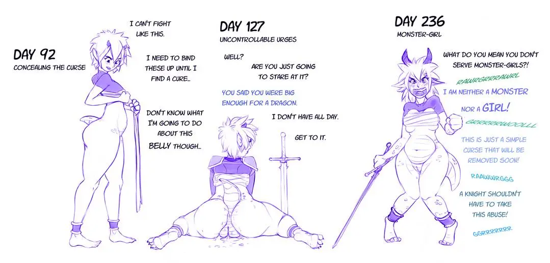 Dragon cuntboy knight by Watsup transforming from a purple haired woman in armor into a massive dragon queen