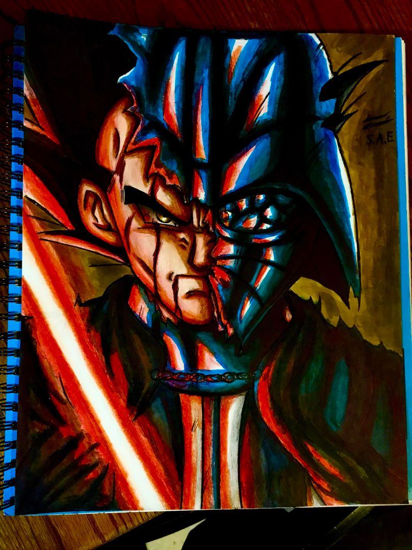 Drawing Vegeta as Darth Vader.