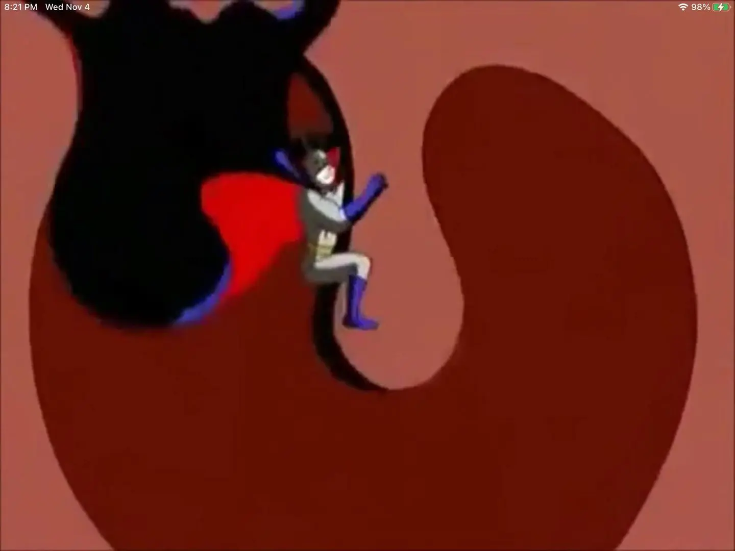 Dw from r/Arthur in a grey suit and blue boots being held by a black symbiote shape against a red background