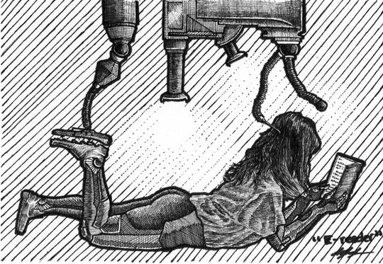 "E-Reader," ink drawing I did a little while ago