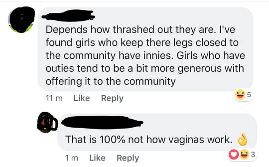 Facebook-man on whether it’s more common for an “innie” or “outtie” Vagina