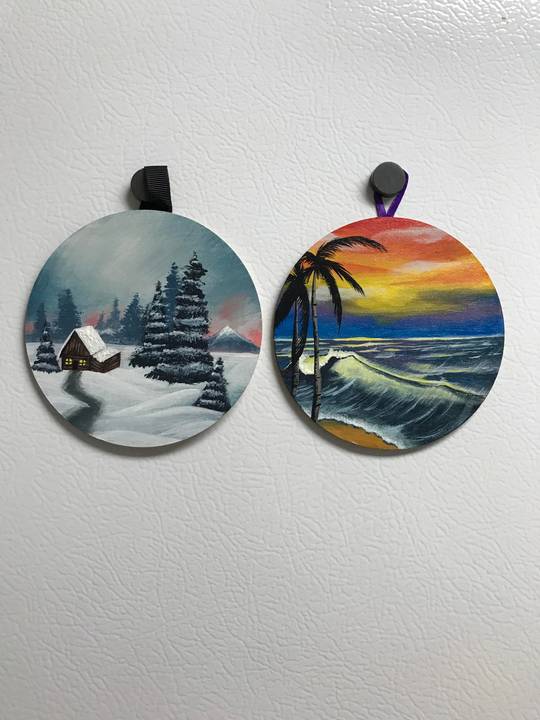 Followed two Bob Ross tutorials and made these mini ornaments for my parents.