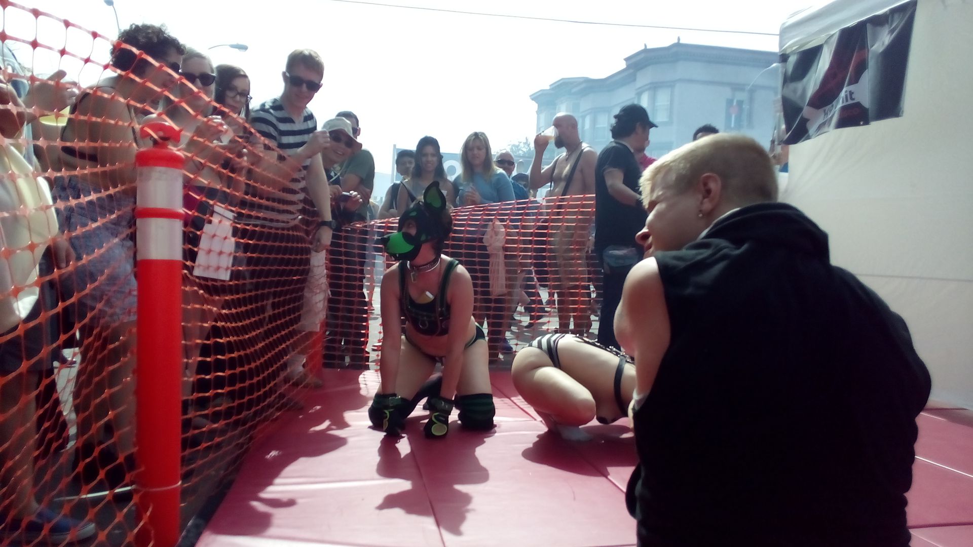 Kato and Pepper in pup play gear and masks at the Folsom Street Fair, including a man in a tiger costume.