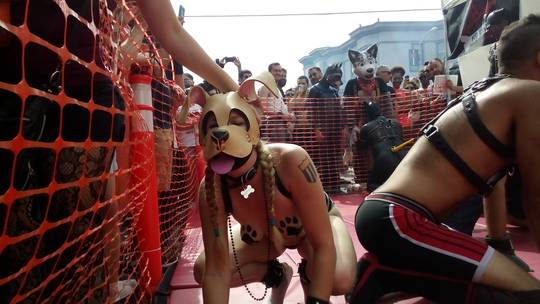 Kato and Pepper in pup play gear and masks at the Folsom Street Fair, including a man in a tiger costume.