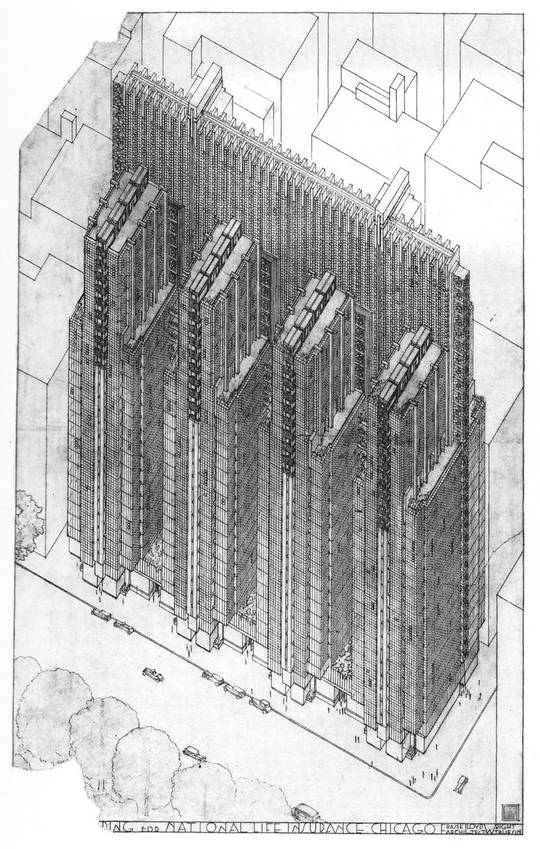 Frank Lloyd Wright's 1923 design for the National Life Insurance Building, Chicago. The 25-story tower would have been clad in copper.