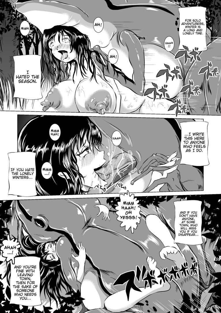 Busty Asian woman in fantasy armor being attacked and impregnated by a giant frog monster in a forest.