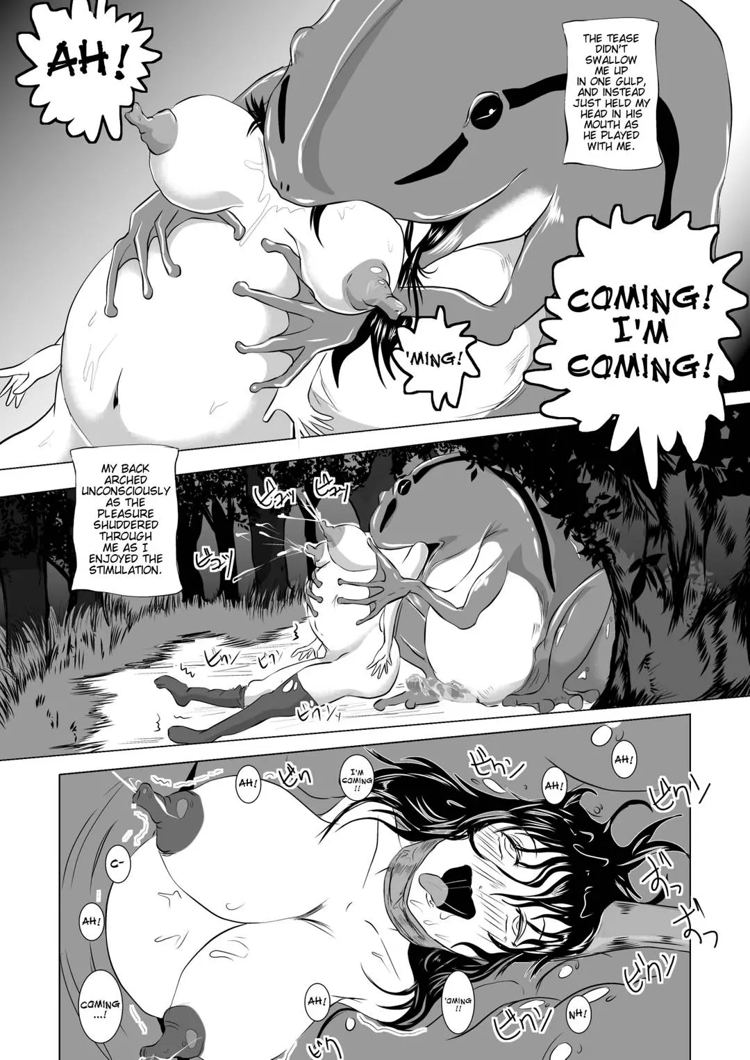 Busty Asian woman in fantasy armor being attacked and impregnated by a giant frog monster in a forest.