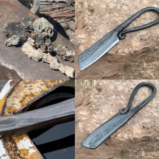 From a pile of very burnt steel to a knife. Vintage Nicholson file for the core. Treated the burnt steel like an iron bloom and refined it using sand for flux before finishing it.