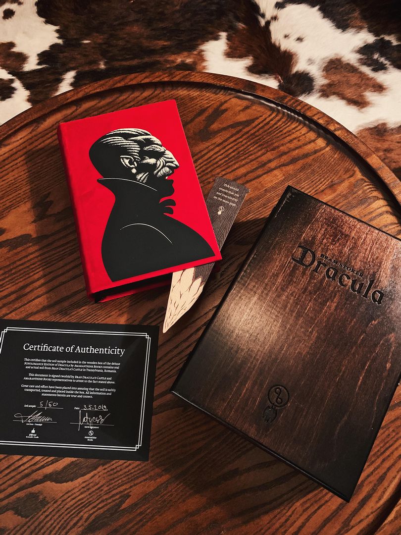 Glow-in-the-dark limited edition of Dracula by Amaranthine Books – the wooden box contains Transylvanian soil for Dracula to "rest" on and the title in the book is written in real blood