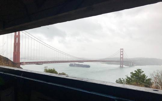 Golden Gate Bridge through an abandoned fort lookout