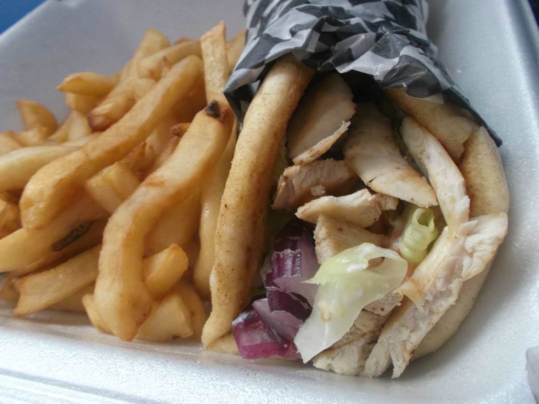 Grilled chicken wrap and fries from the Transfers Café