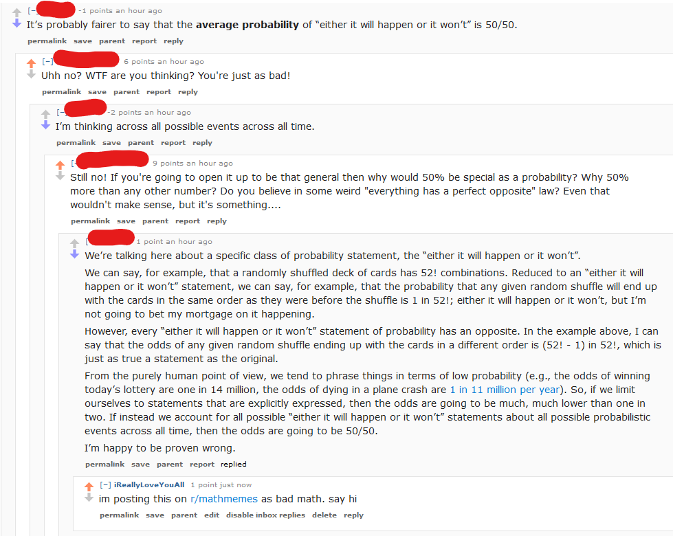 Guy thinks average probability of something happening is 50%