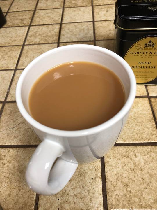 Harney &amp; Sons Irish Breakfast Tea, brewed 4 minutes, 1 tsp sugar and big splash of milk.