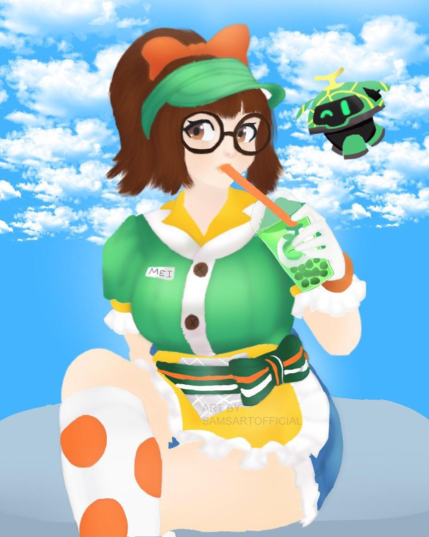 Here’s Mei drinking bubble tea on her break!! She’s so happy!! And bubble tea is so good btw!!