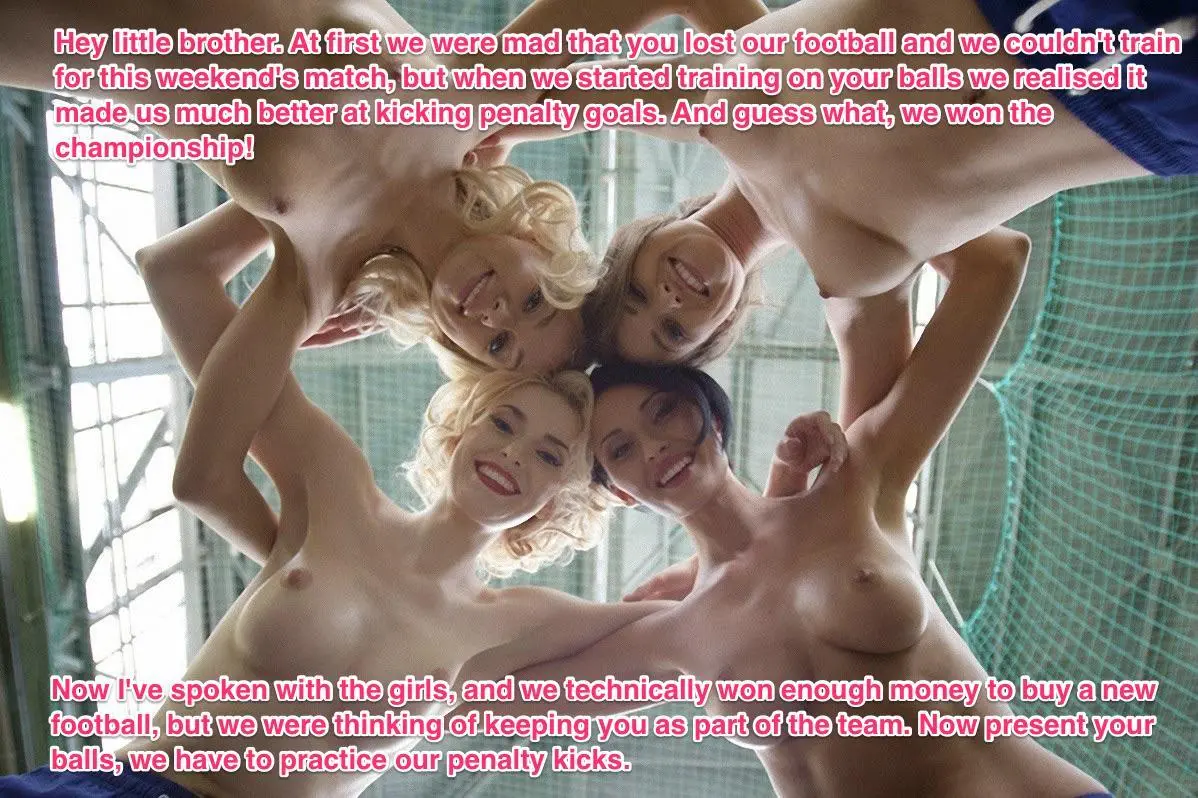 Femdom captions featuring women in leather, cheerleader outfits, and lingerie for ballbusting and chastity roleplay.