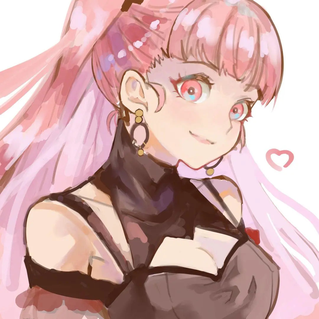 Hilda anime art by @simekirillust featuring a girl with long pink hair, red eyes, and a black outfit
