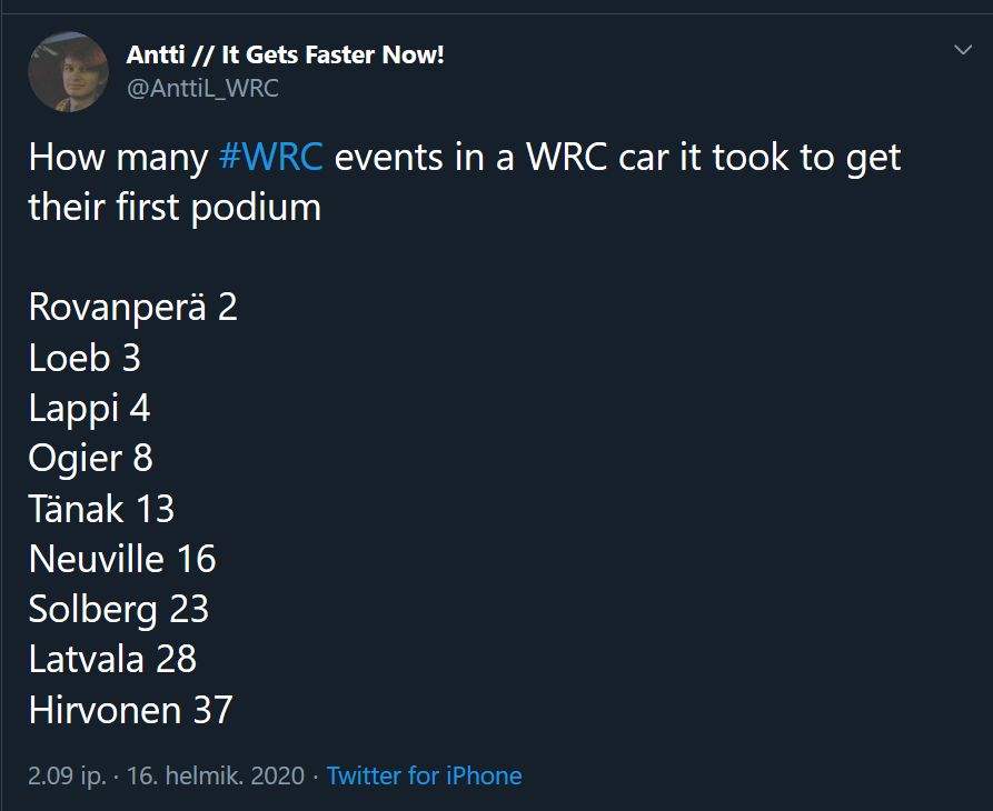 How many WRC events in a WRC car it took to get their first podium