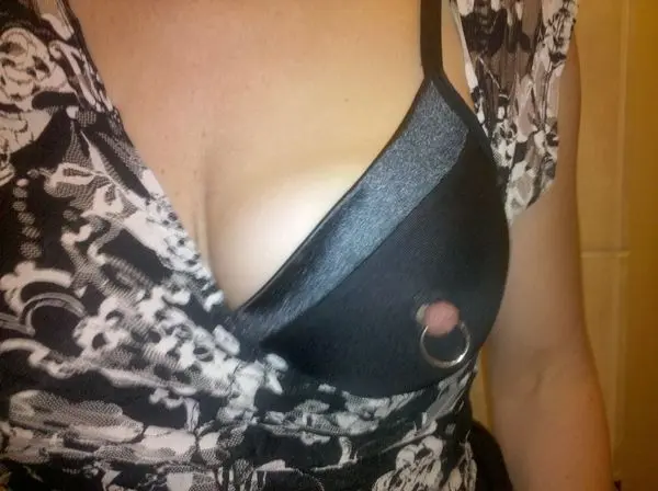 Busty brunette woman in open tip nursing bras showcasing big nipples and prominent areolas