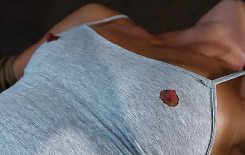 Busty brunette woman in open tip nursing bras showcasing big nipples and prominent areolas