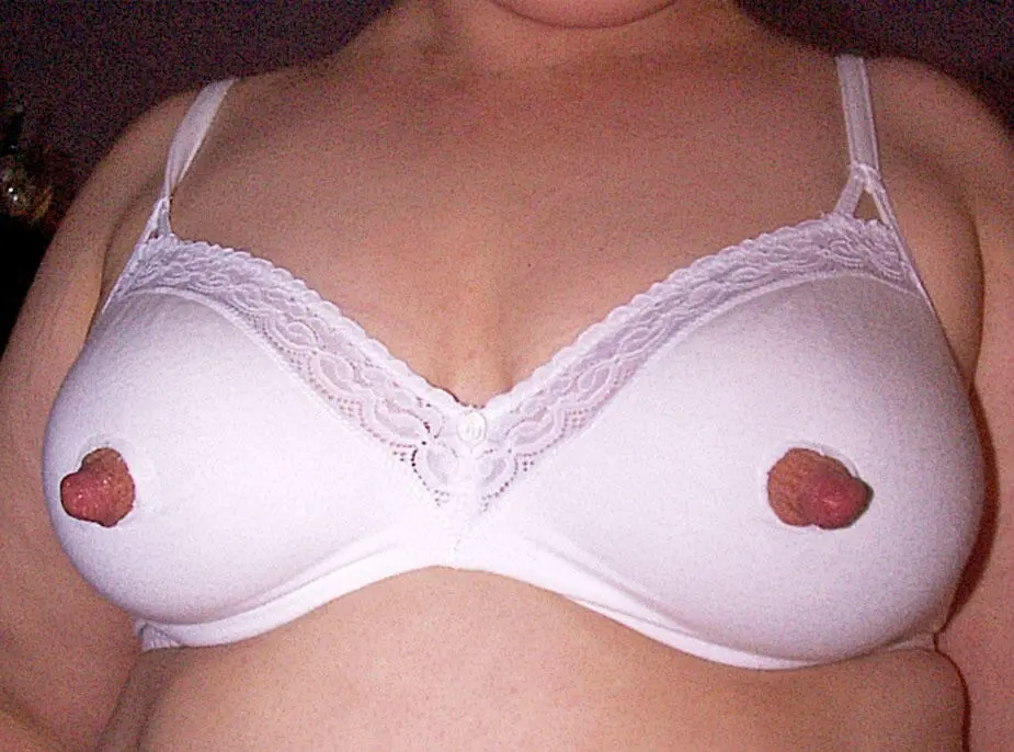 Busty brunette woman in open tip nursing bras showcasing big nipples and prominent areolas