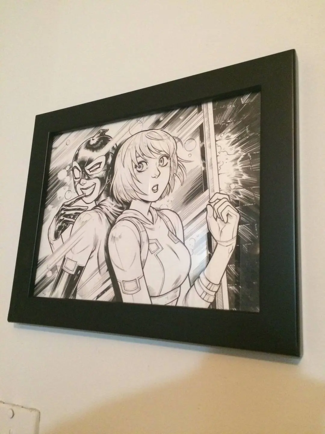 Gwenpool and a masked character in a black and white anime illustration by Irene Strychalski