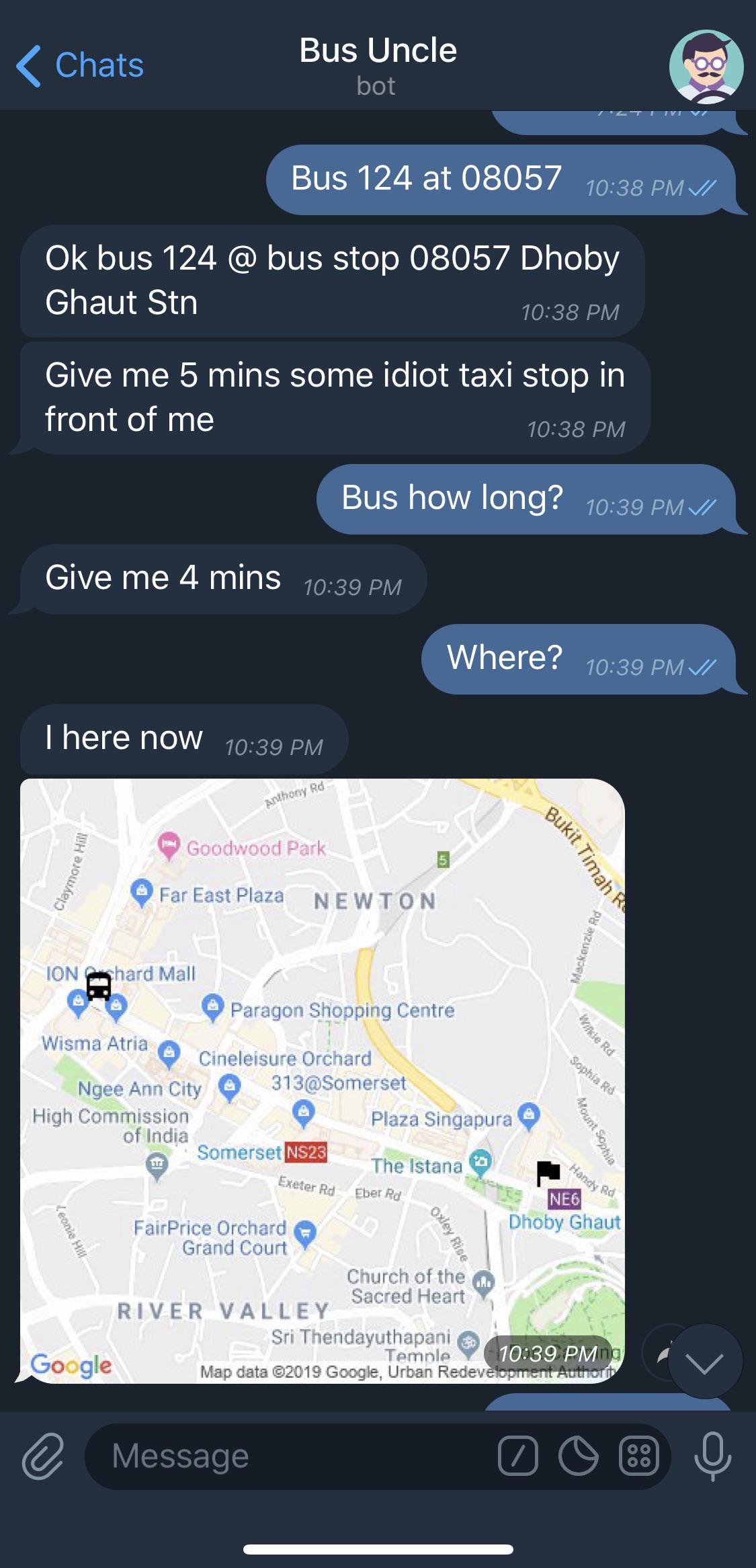 I love this Bus Uncle bot on Telegram. So endearing and helpful ...