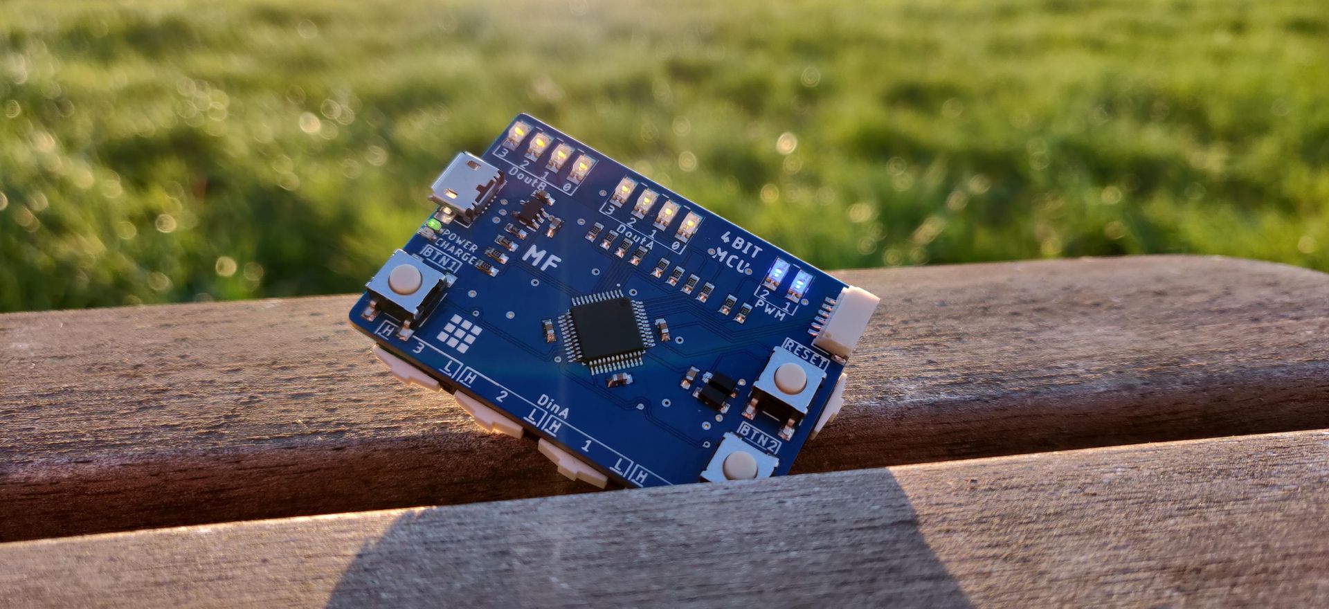 I made a "4bit" microcontroller board. You can programm it using only the three buttons.