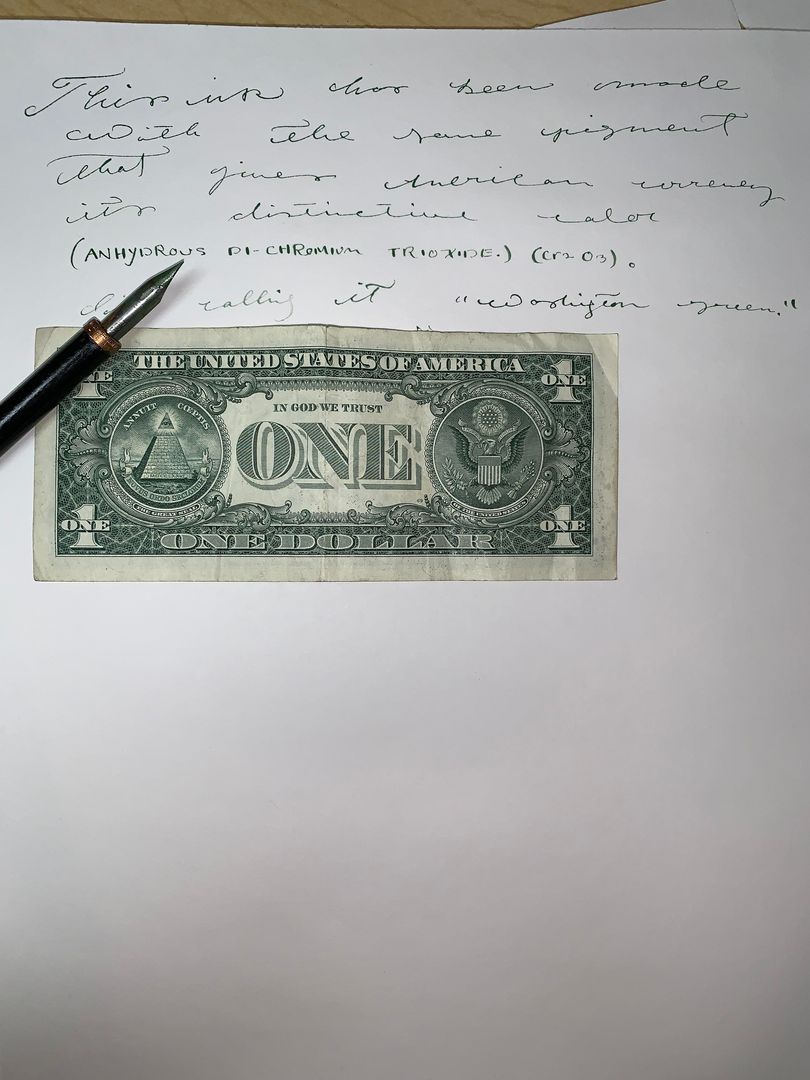 I made an ink of the same color as U.S. money, using the same pigment. I’m calling it “Washington green.”