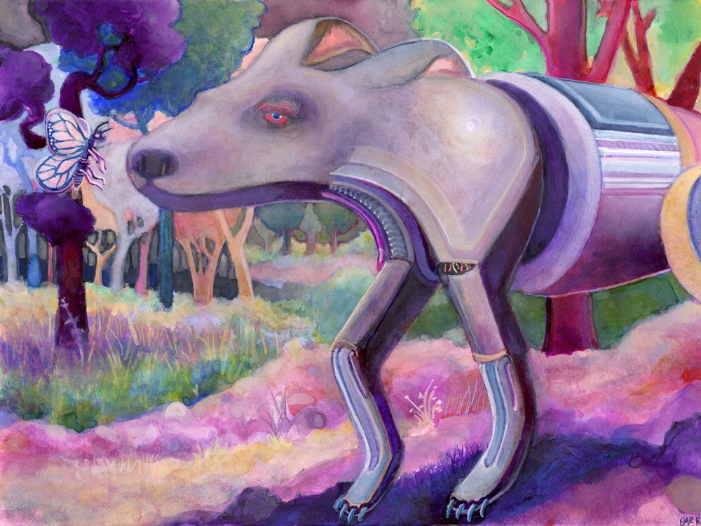 I painted a robot dog meeting an iron butterfly