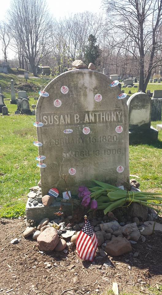 [Image]Susan B. Anthony's gravestone covered in 'I voted' stickers.