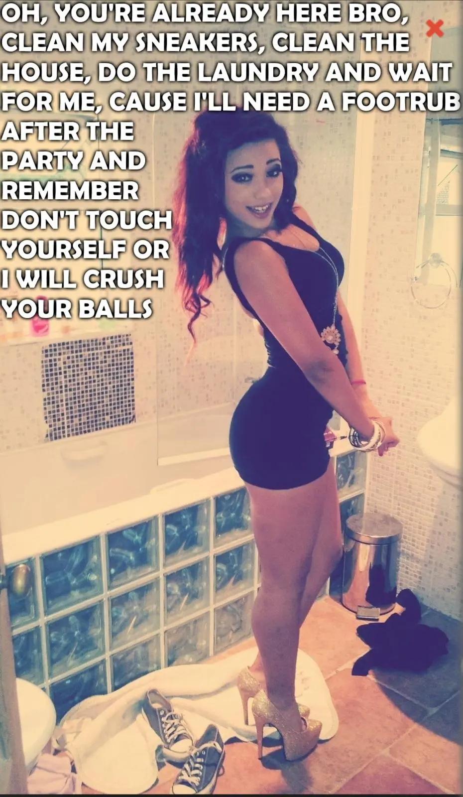 Femdom foot fetish and male chastity captions featuring brunette and redhead women in various outfits