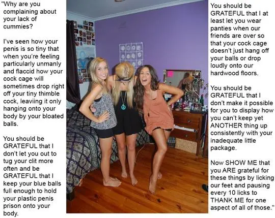 Femdom foot fetish and male chastity captions featuring brunette and redhead women in various outfits