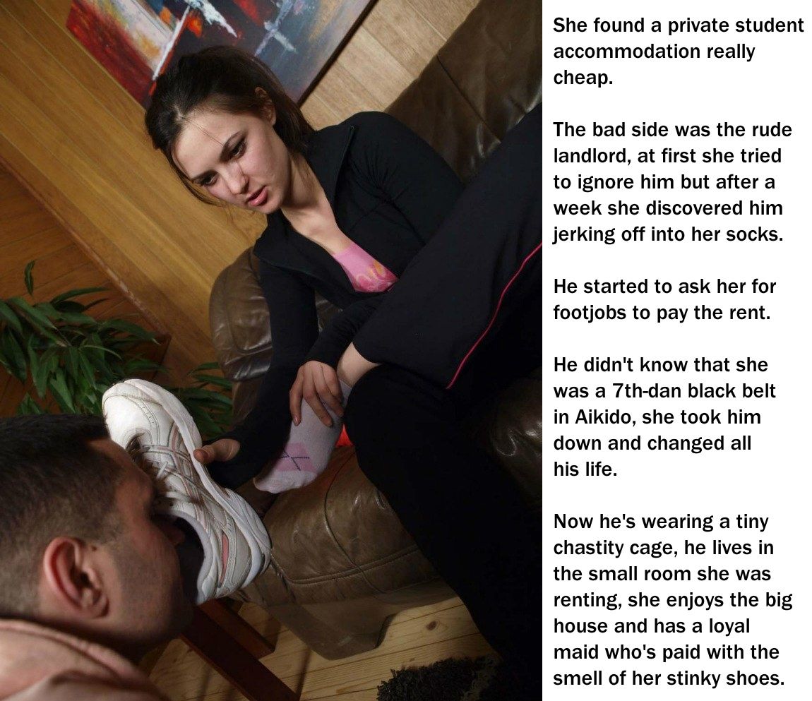 Femdom foot fetish and male chastity captions featuring brunette and redhead women in various outfits