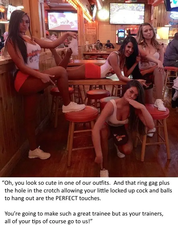 Femdom foot fetish and male chastity captions featuring brunette and redhead women in various outfits