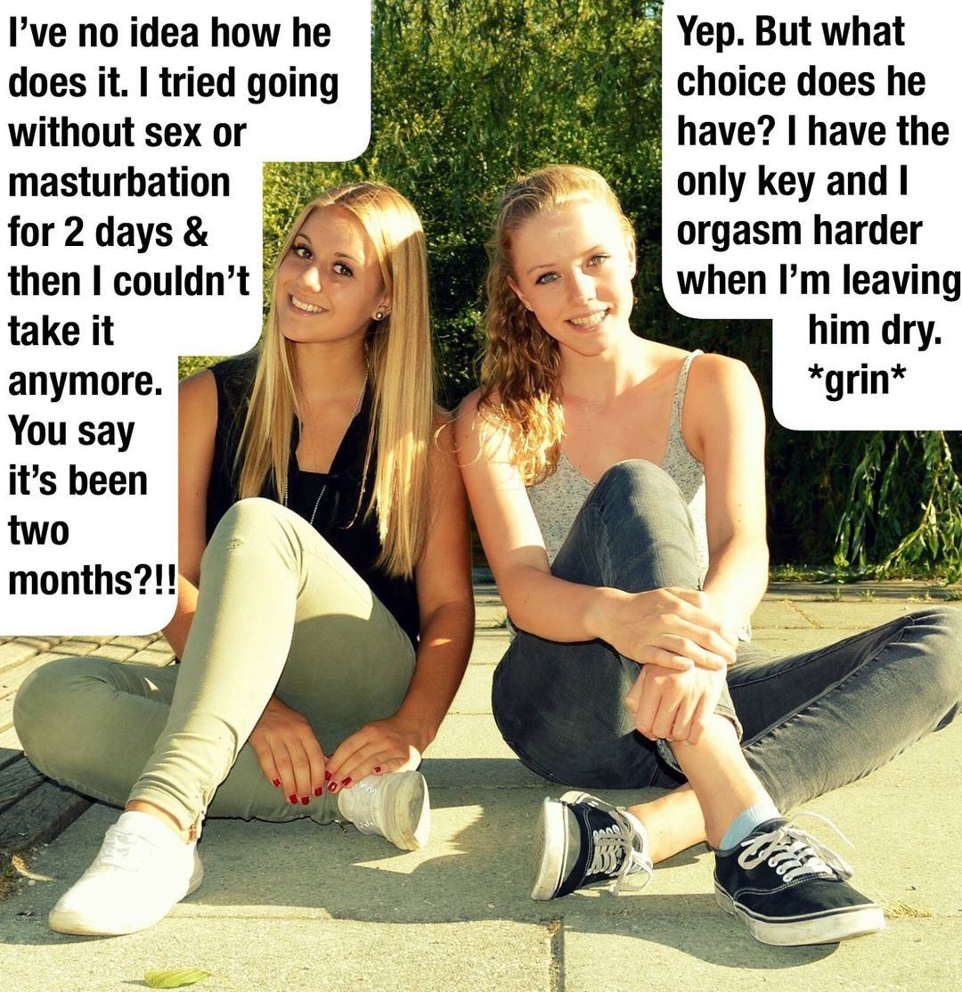 Femdom foot fetish and male chastity captions featuring brunette and redhead women in various outfits