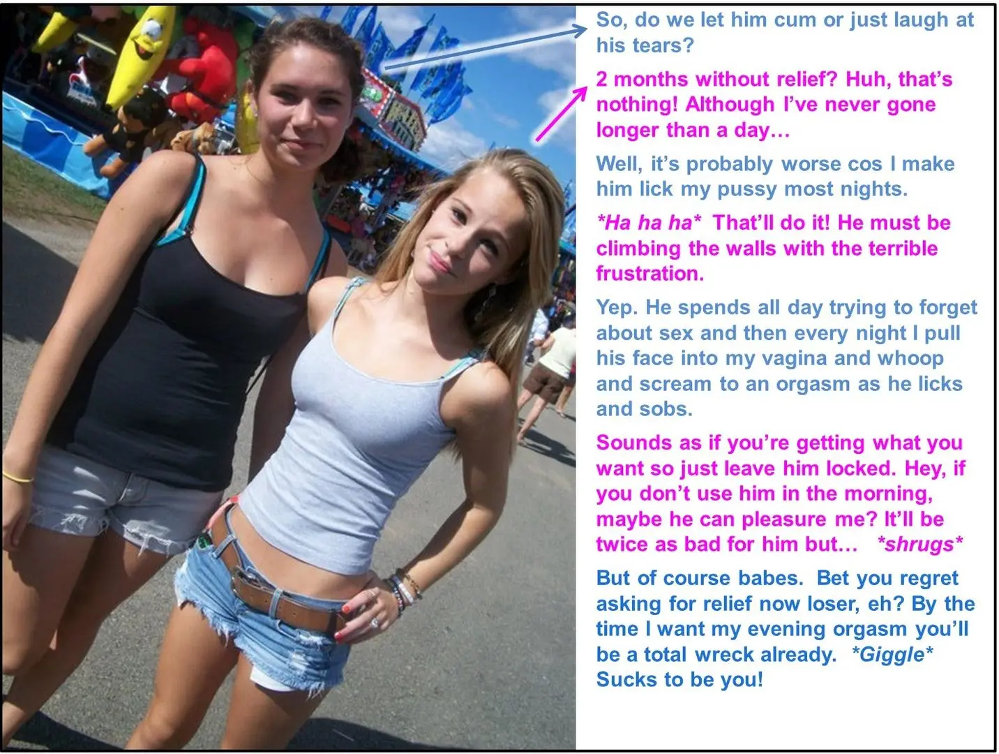 Femdom foot fetish and male chastity captions featuring brunette and redhead women in various outfits